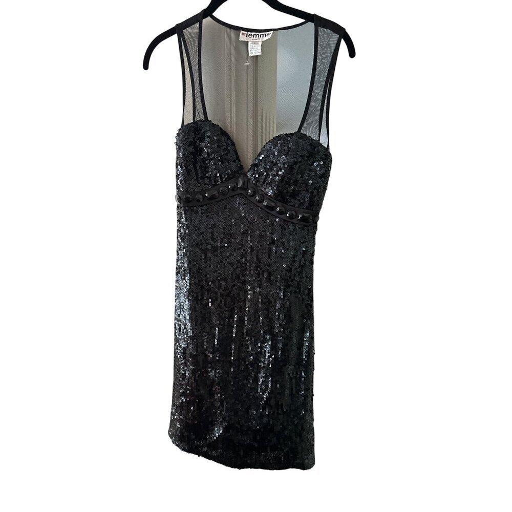 Femme Paris Black Sequin & Jewel Embellished Silk Mesh Dress Size 0